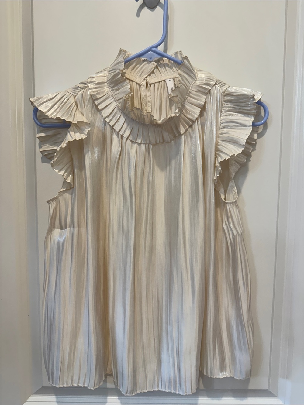 Pleated Ruffle High-Neck Sleeveless Top - Cream